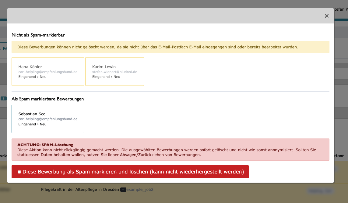 Modal-Dialog mit Aufteilung in markierbare und nicht-markierbare Bewerbungen sowie Warnhinweis